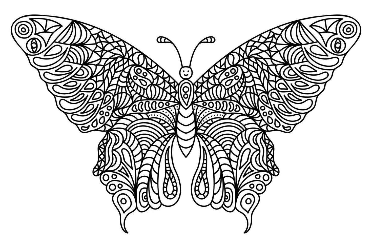 Antistress meditative butterfly coloring page. Hand drawn in doodle style, zentangle vector