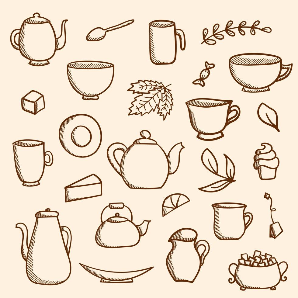 Vintage style tea set with shading. Individual elements of line art vector