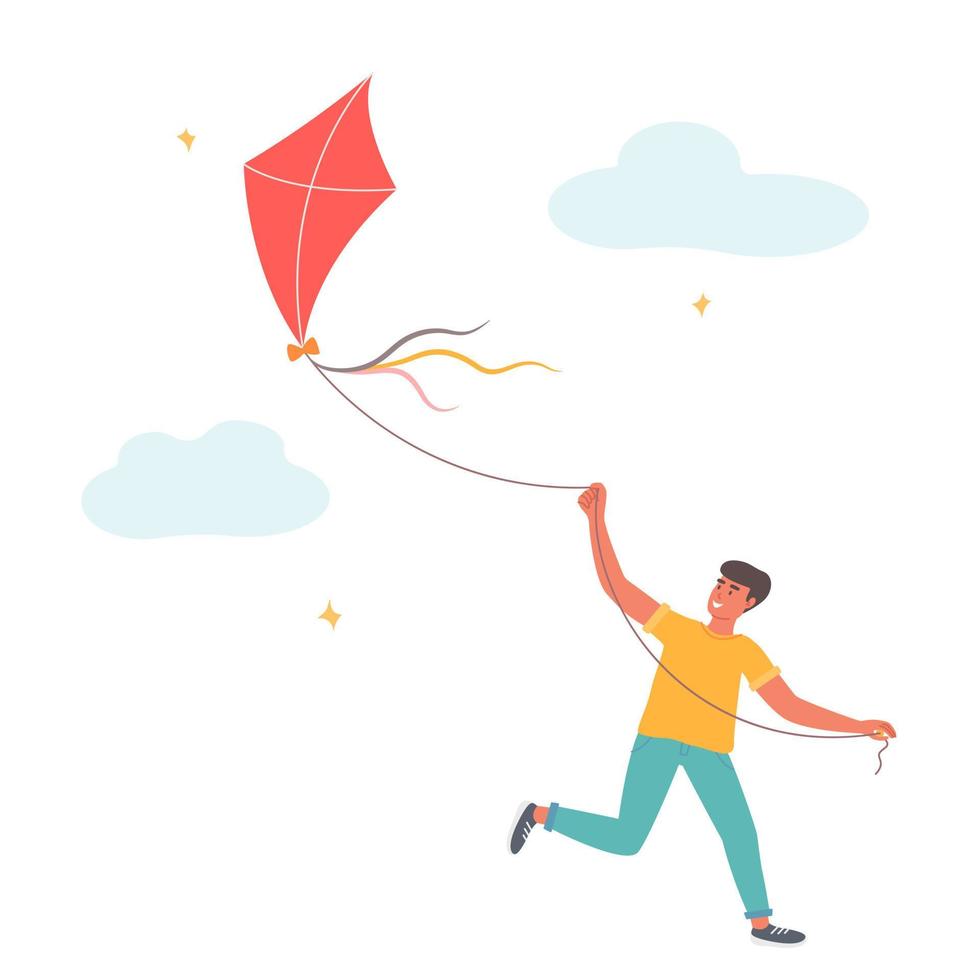 Guy runs with kite, vector illustration in flat style