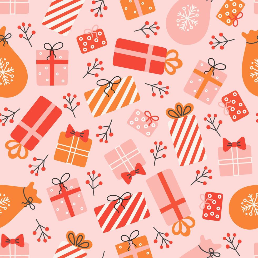 Christmas gift boxes with berries on pink background, vector seamless pattern in flat style