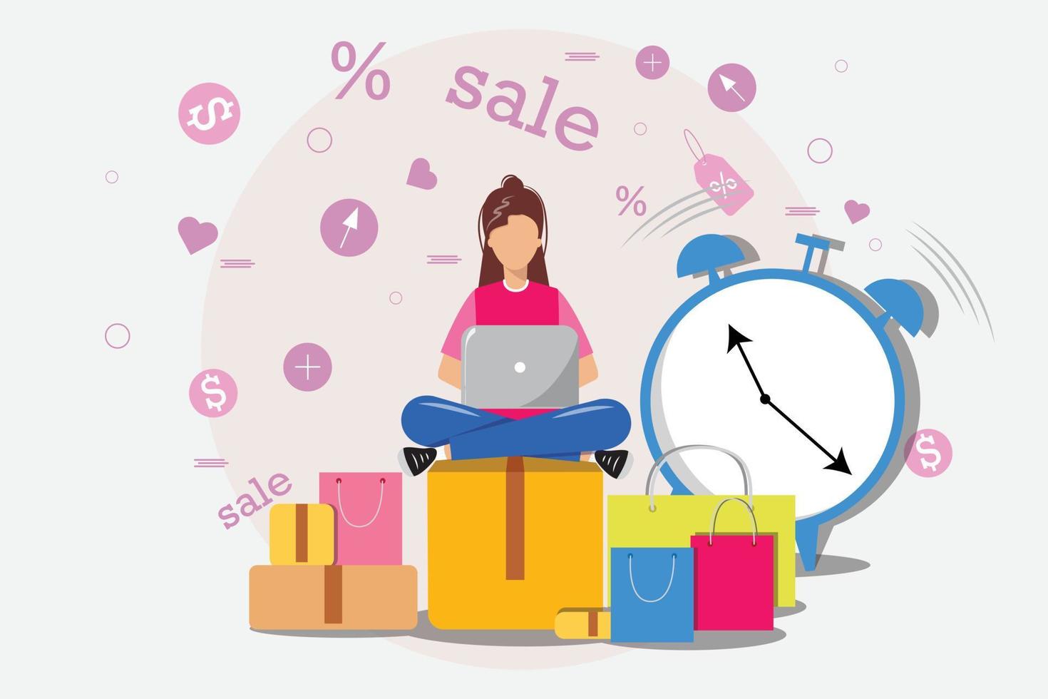 Young woman is shopping with big discounts. Shopping before the offer is over. Black Friday, big sale concept .Bargain hunter. vector