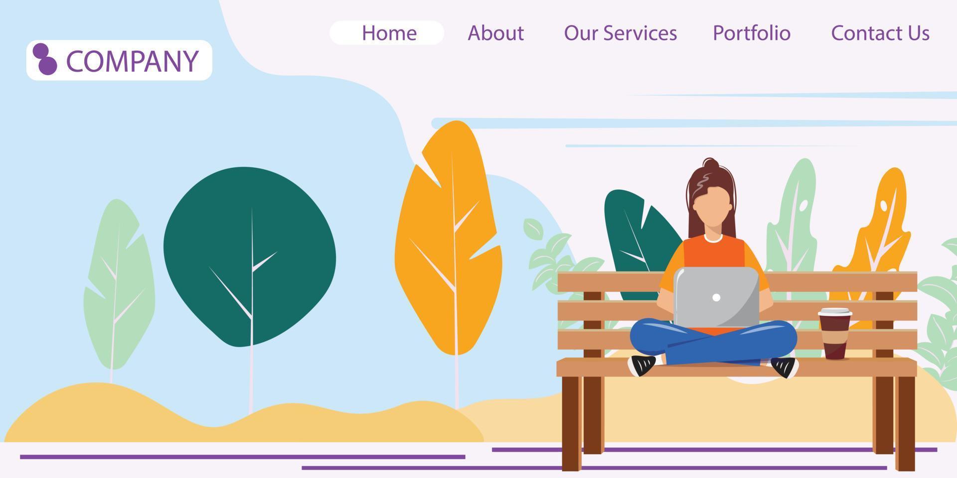 Template for freelance, remote studying, remote work page. Woman working in the park vector