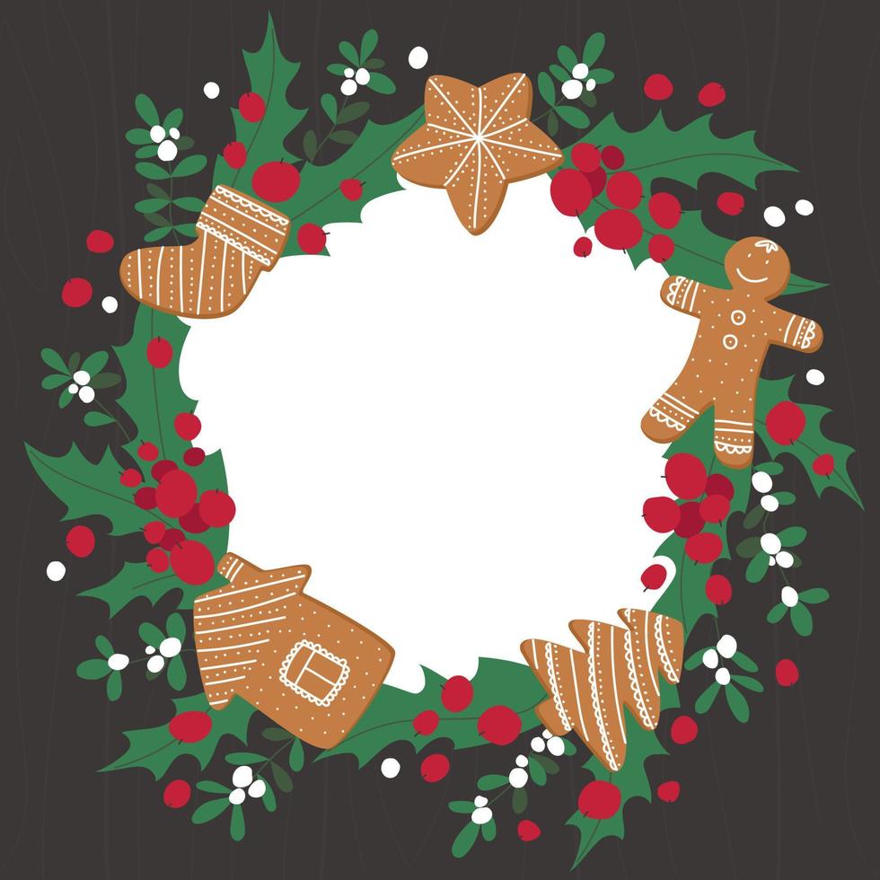 Christmas wreath made of gingerbread, holly and mistletoe with place for text vector