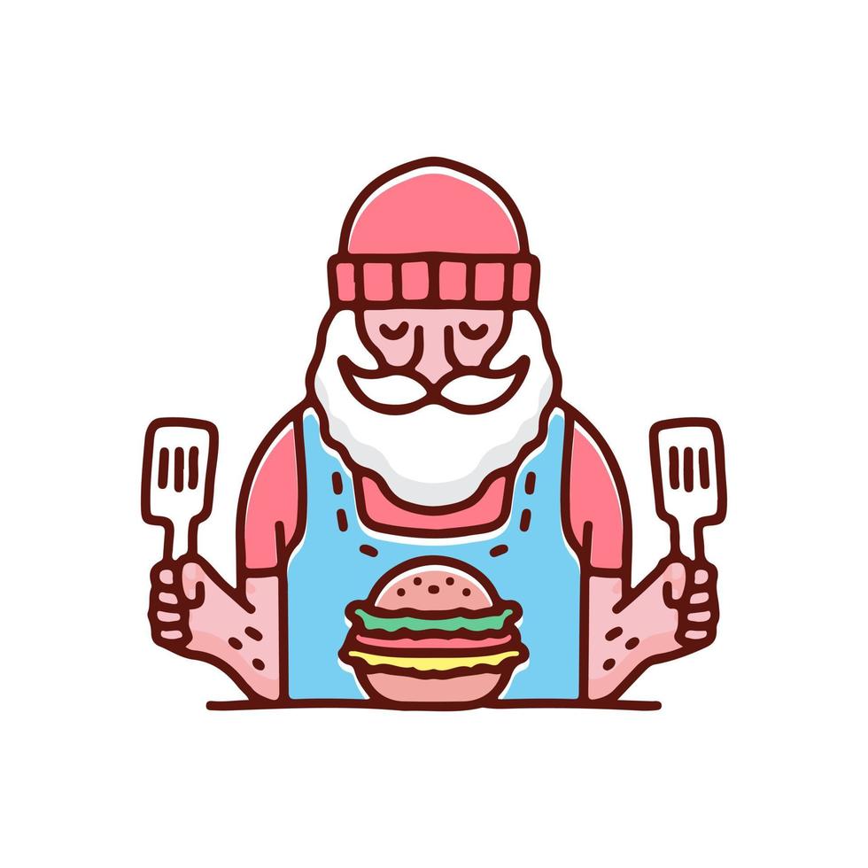 Cool bearded old man with beanie ready to eat burger illustration. Vector graphics for t-shirt prints and other uses.