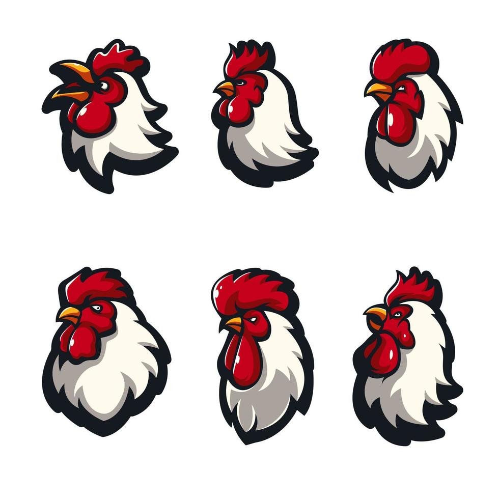 Conjunto de seis vectores de ilustración de diseño de logotipos de mascota de pollo gallo aislado sobre fondo blanco