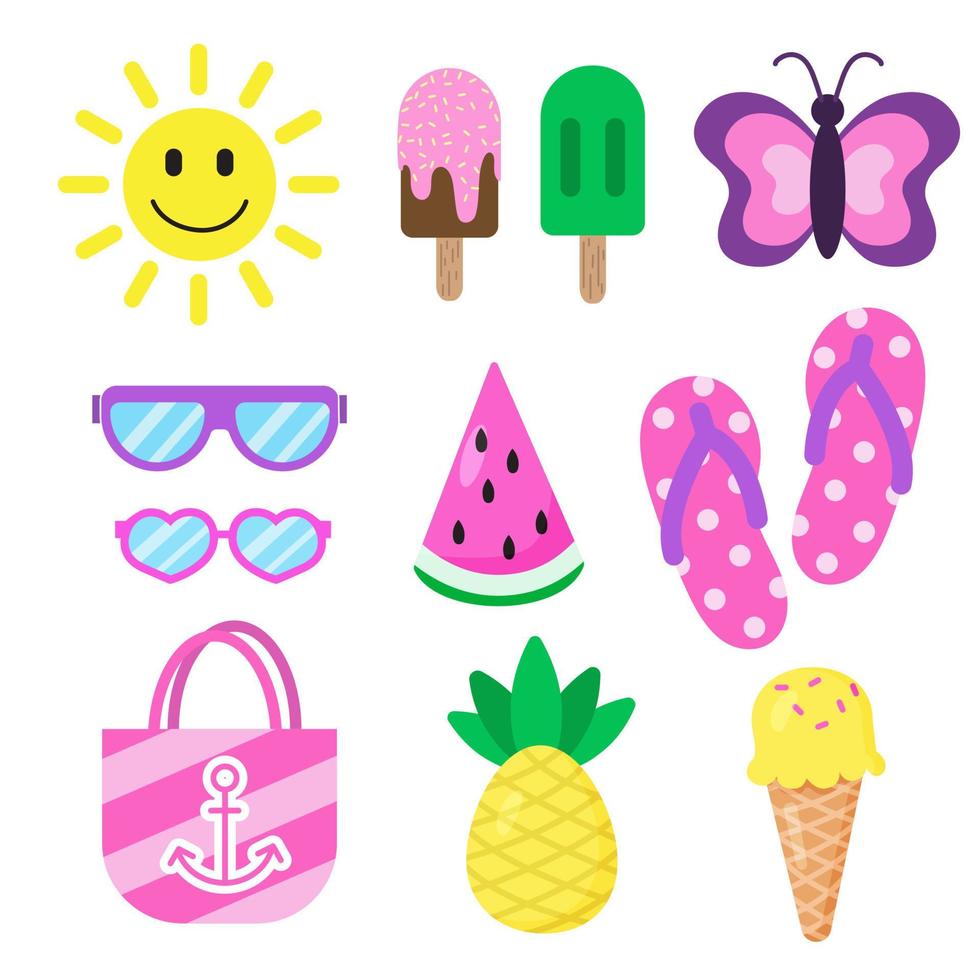 conjunto de elementos de verano y vacaciones. sol sonriente, helados, lentes de sol, mariposa, sandía, chanclas, bolso de playa y piña. Ilustración para pegatinas, ropa, diseño de temporada y decoración. vector