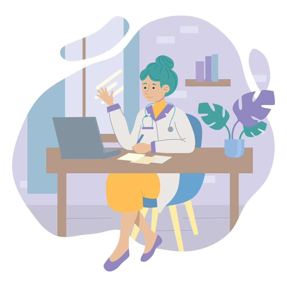 Vector illustration of a girl therapist sitting in her office at the reception of patients