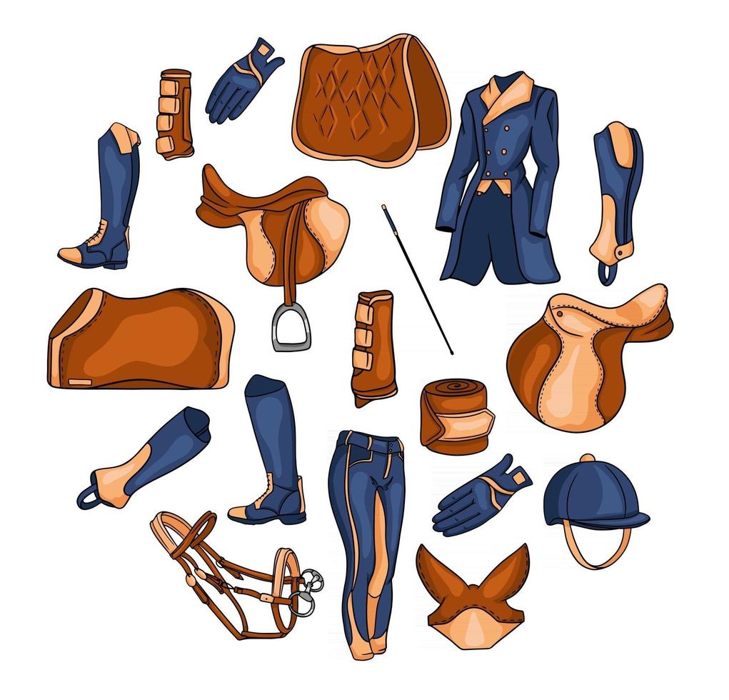 Big set of equipment for the rider and ammunition for the horse illustration in cartoon vector