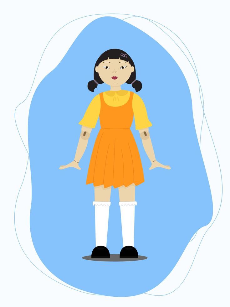 una gran muñeca asesina del juego del calamar. una chica con un vestido naranja. vector