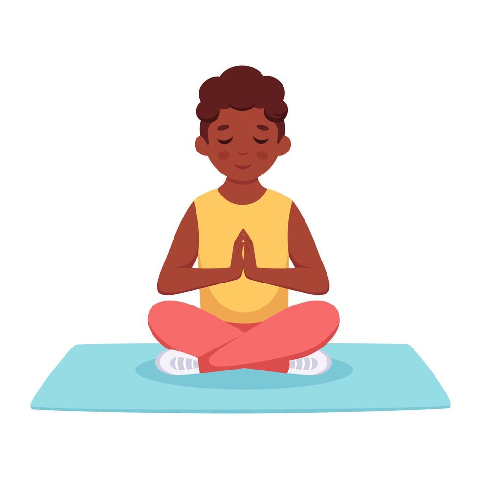 niño negro meditando en posición de loto. yoga y meditación para niños vector