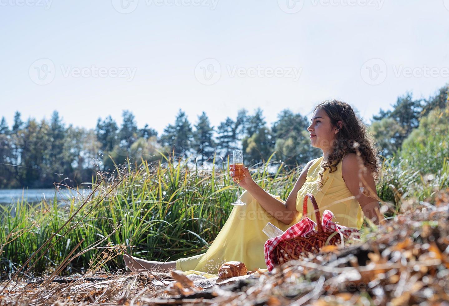 Beautiful woman in yellow dress on a picnic photo