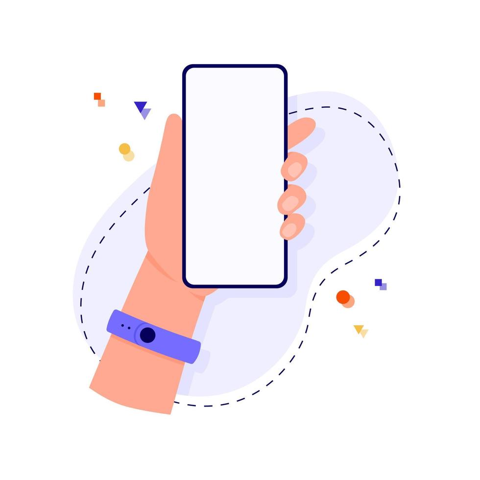 Hand hold a mobile phone. Template of hand and smartphone on abstract background. Flat cartoon vector illustration.
