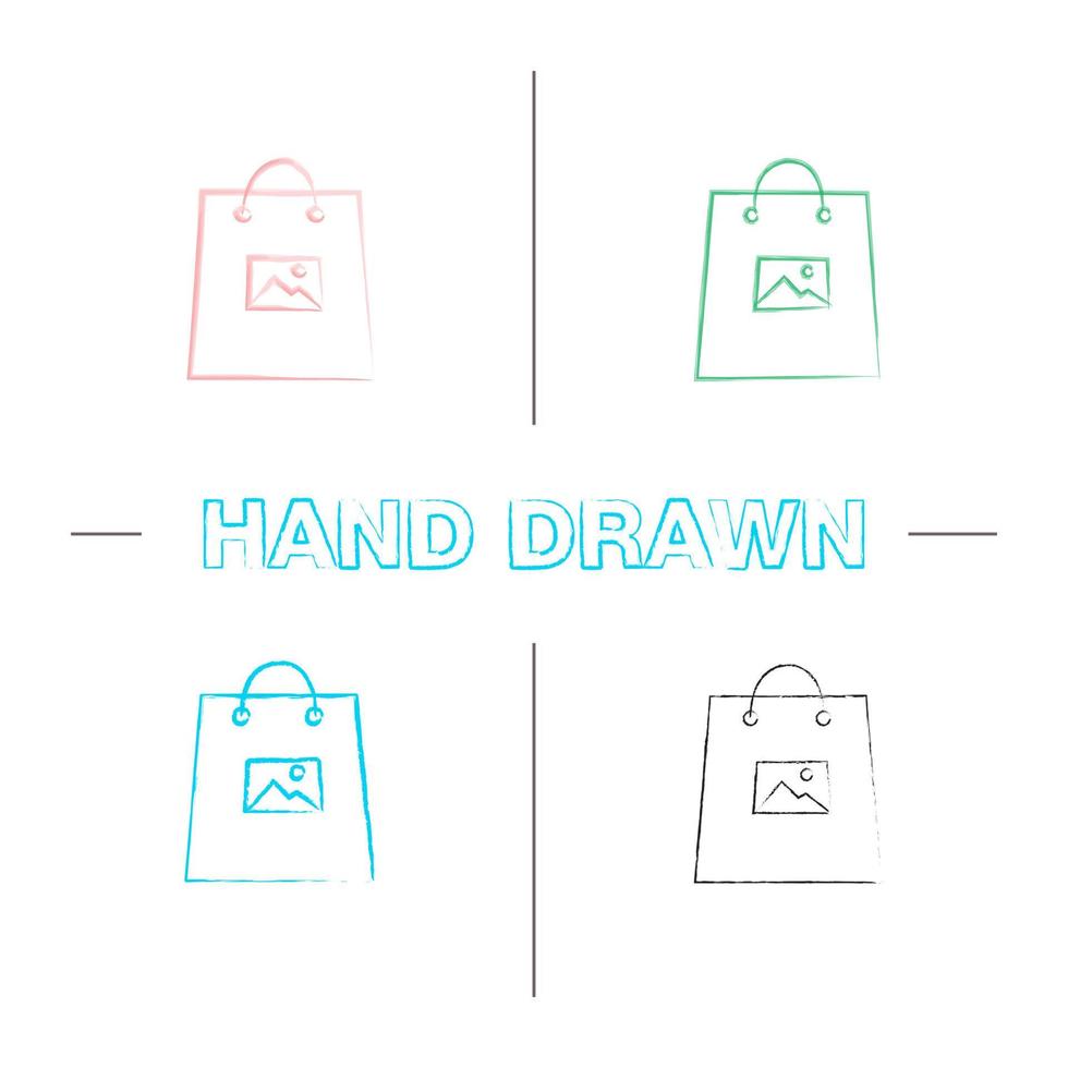 impresión en bolsas de la compra conjunto de iconos dibujados a mano. trazo de pincel de color. ilustraciones incompletas del vector aislado