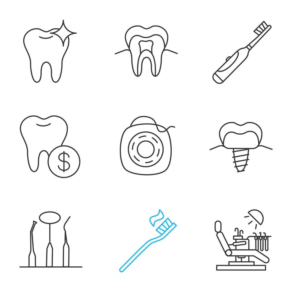 Conjunto de iconos lineales de odontología. estructura dental sana, cepillo de dientes eléctrico, precios de servicio, implante, instrumental, hilo dental, sillón dental. símbolos de contorno de línea fina. ilustraciones de contorno vectorial aislado vector