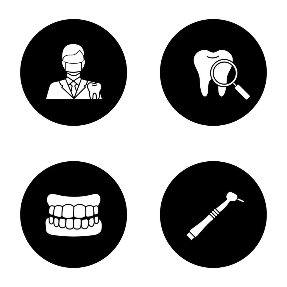 conjunto de iconos de glifo de odontología. estomatología. dentista, chequeo de dientes, dentadura postiza, taladro dental. ilustraciones de siluetas blancas vectoriales en círculos negros vector