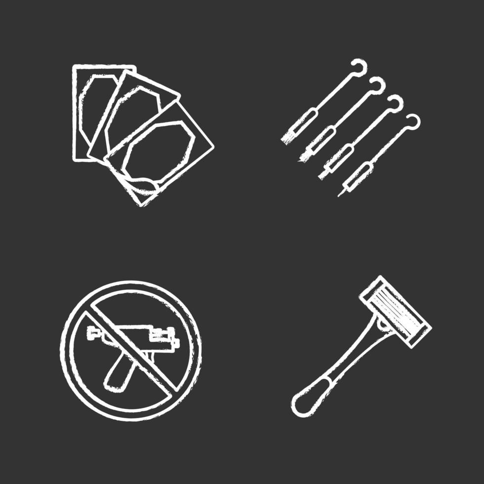 Tattoo studio chalk icons set. Piercing service. Medical plaster, tattoo needles, piercing gun prohibition, razor. Isolated vector chalkboard illustrations