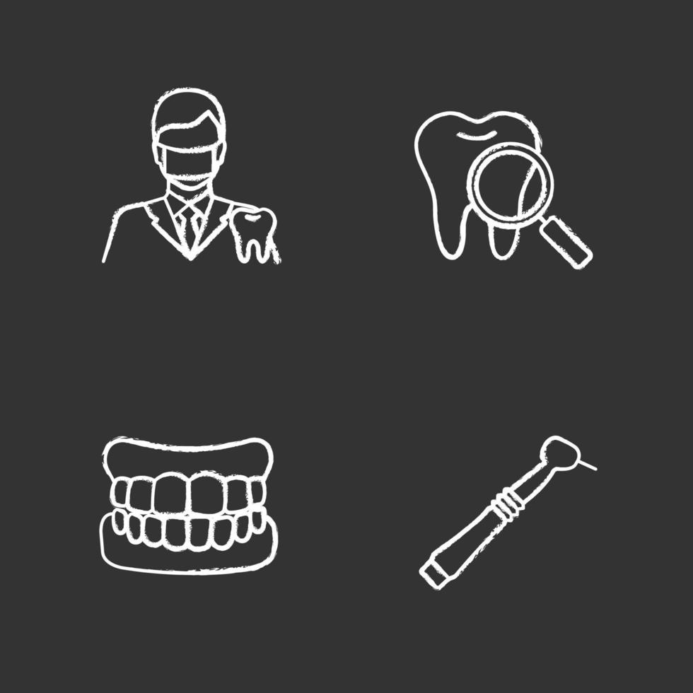 Conjunto de iconos de tiza de odontología. estomatología. dentista, chequeo de dientes, dentadura postiza, taladro dental. ilustraciones de pizarra vector aislado