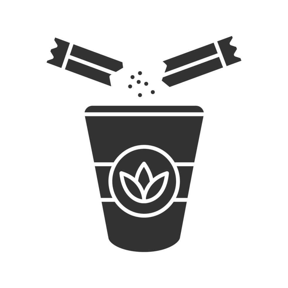 Adding sugar to tea glyph icon. Disposable tea cup with sugar sachets. Silhouette symbol. Negative space. Vector isolated illustration