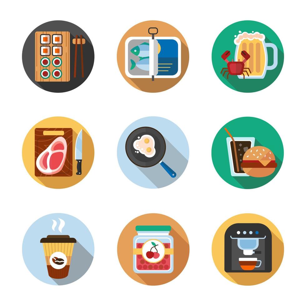 Conjunto de iconos de colores de larga sombra de diseño plano de alimentos. sushi, espadines, filete cortado, huevos fritos, refrescos y hamburguesas, café para llevar, mermelada de cerezas, cafetera. ilustraciones de silueta de vector