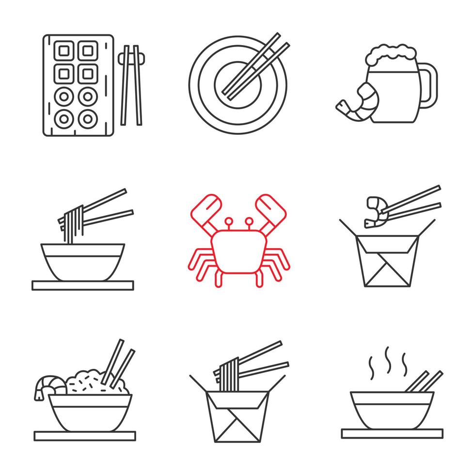 Chinese food linear icons set. Sushi, noodles, ramen, fried rice with seafood chopsticks, beer, crab. Thin line contour symbols. Isolated vector outline illustrations