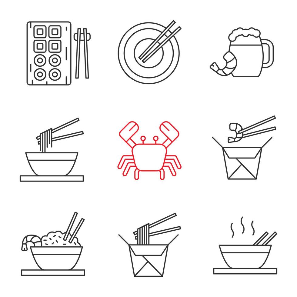 Conjunto de iconos lineales de comida china. sushi, fideos, ramen, arroz frito con palillos de mariscos, cerveza, cangrejo. símbolos de contorno de línea fina. ilustraciones de contorno vectorial aislado vector