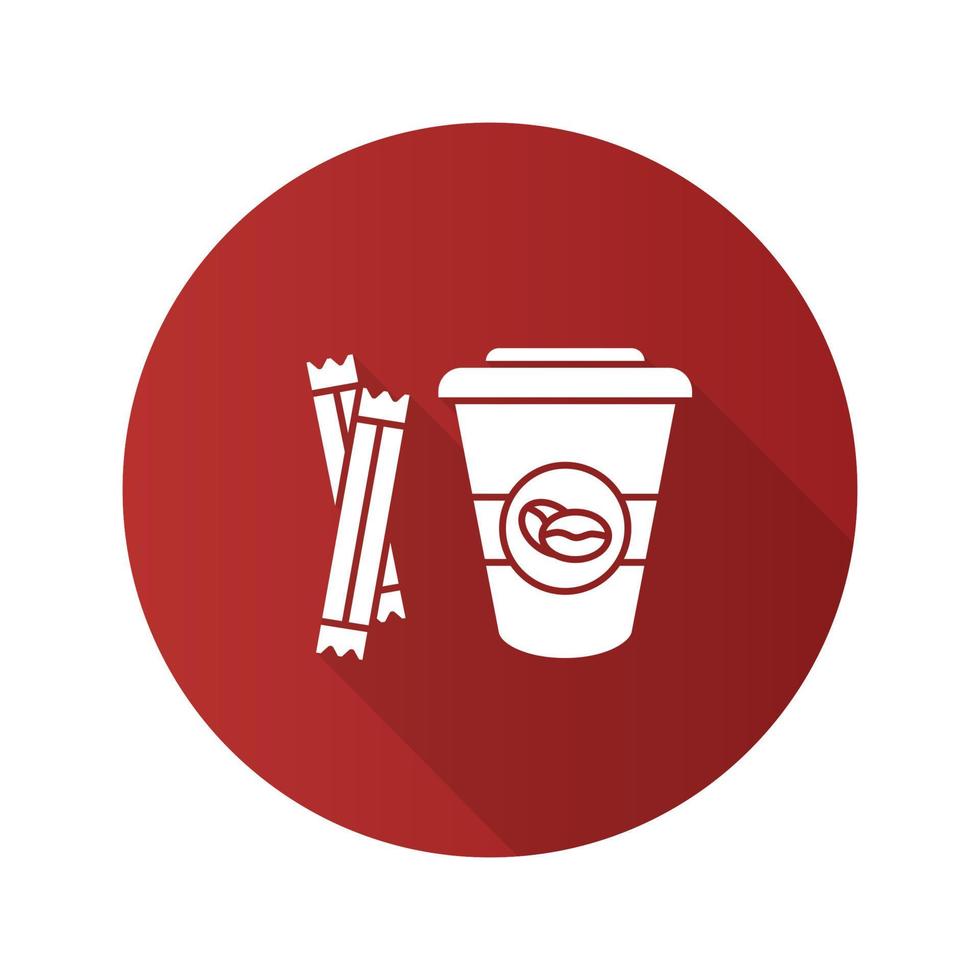 café para llevar con sobres de azúcar icono de glifo de larga sombra de diseño plano. taza de café desechable con tapa. ilustración de silueta de vector