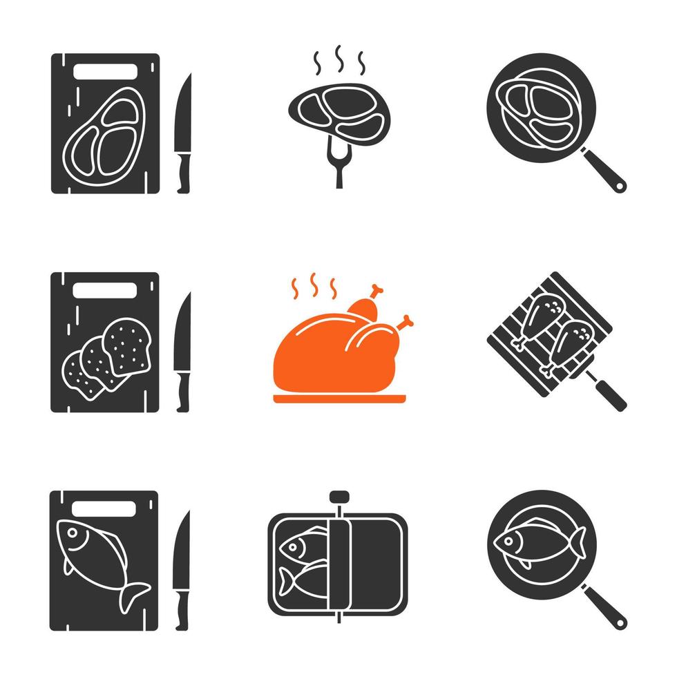 conjunto de iconos de glifo de preparación de alimentos. tablas de cortar con pan, carne y pescado, freír filetes de salmón y carne, espadines, muslos de pollo a la parrilla. símbolos de silueta. vector ilustración aislada