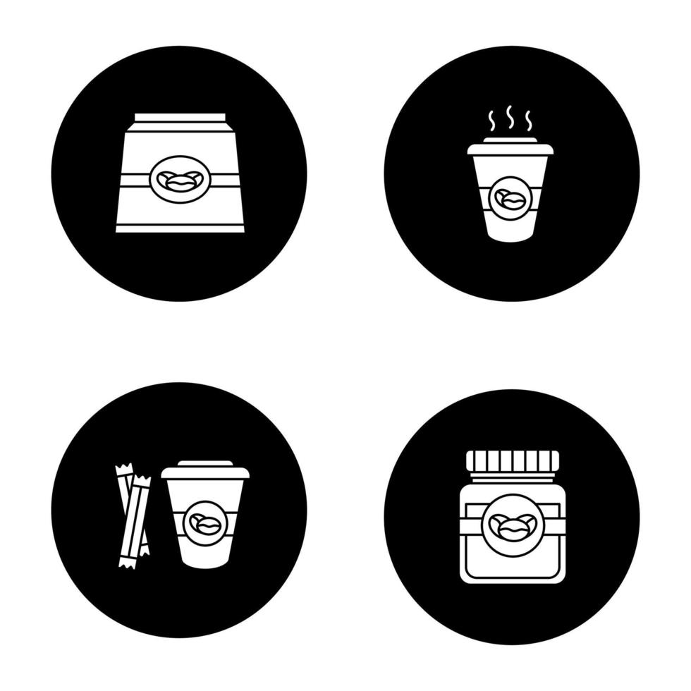 Conjunto de iconos de glifo de café. paquete de papel de café, frasco de vidrio y bebida caliente con azúcar. ilustraciones de siluetas blancas vectoriales en círculos negros vector