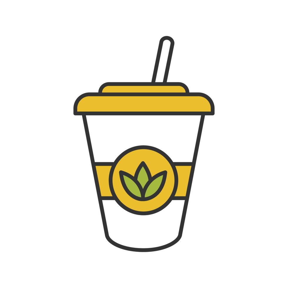 Ice tea color icon. Detox drink. Disposable tea cup with straw. Isolated vector illustration