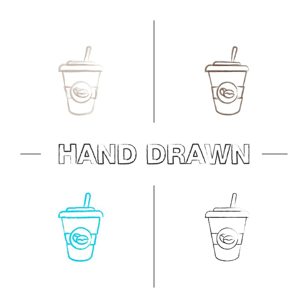 Conjunto de iconos dibujados a mano de bebida de café helado. taza de café desechable con pajita. trazo de pincel de color. ilustraciones incompletas del vector aislado
