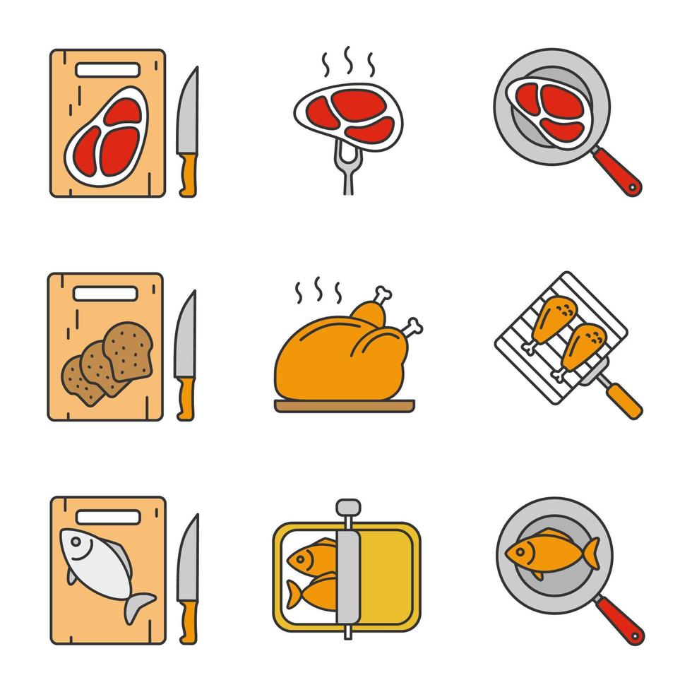 Food preparation color icons set. Cutting boards with bread, meat and fish, frying salmon and meat steaks, sprats, grilling chicken drumsticks and turkey. Isolated vector illustrations