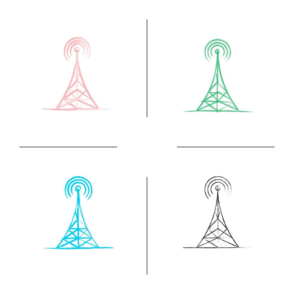 Conjunto de iconos dibujados a mano de torre de radio. antena. trazo de pincel de color. ilustraciones incompletas del vector aislado