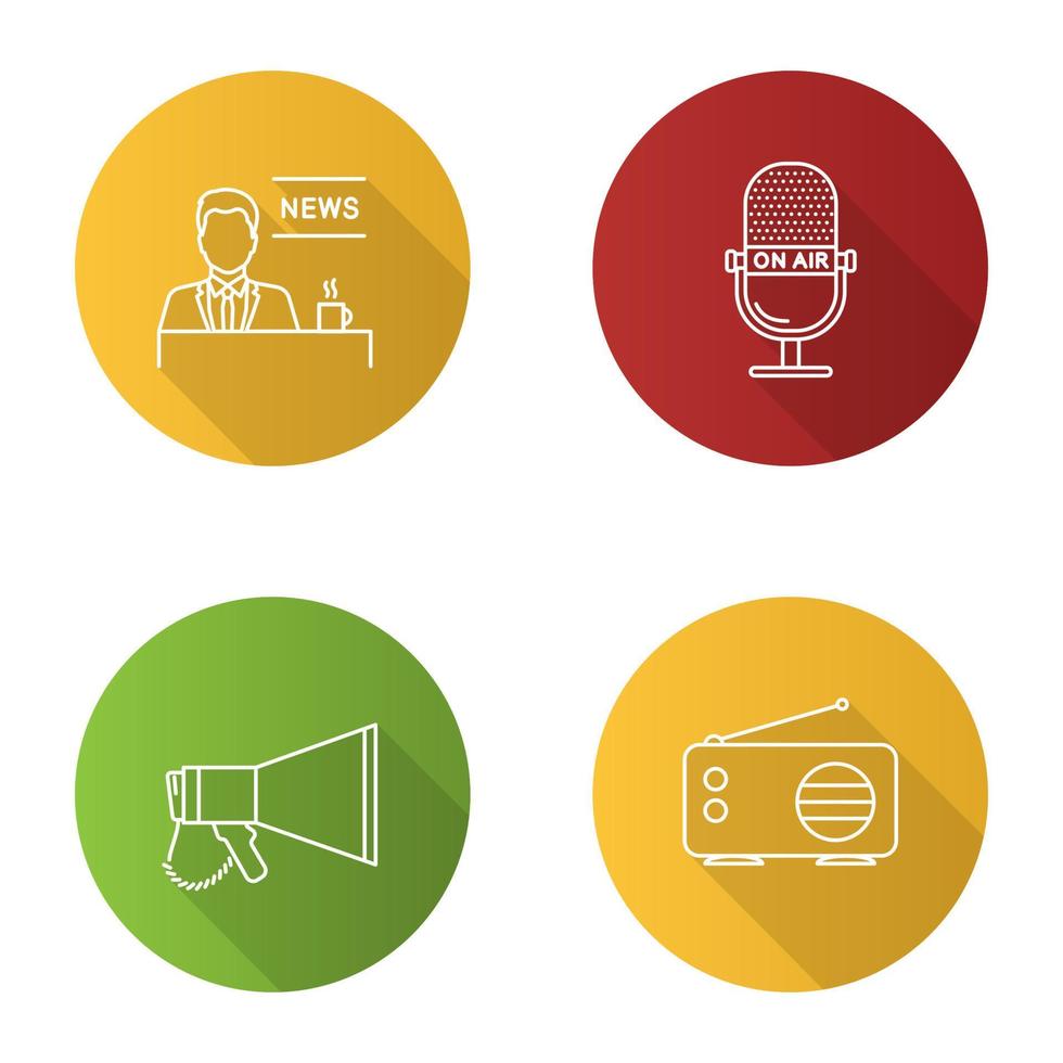 Mass media flat linear long shadow icons set. Press. TV presenter, microphone, megaphone, radio. Vector outline illustration