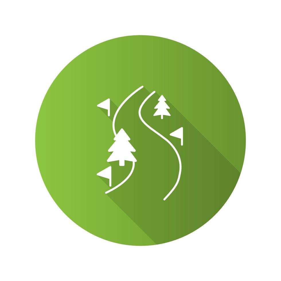 Ski route flat design long shadow glyph icon. Winter forest road. Mountain landscape. Vector silhouette illustration