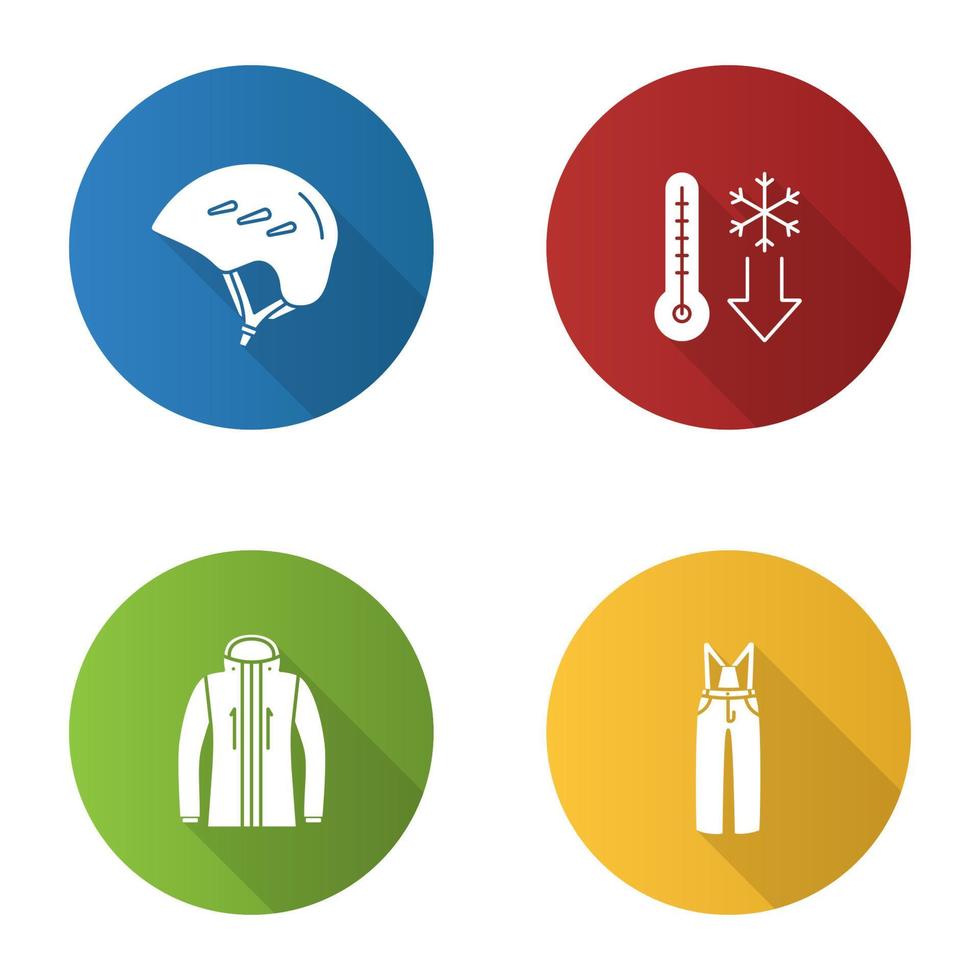 Winter activities flat design long shadow glyph icons set. Helmet, winter temperature, ski jacket and pants. Vector silhouette illustration