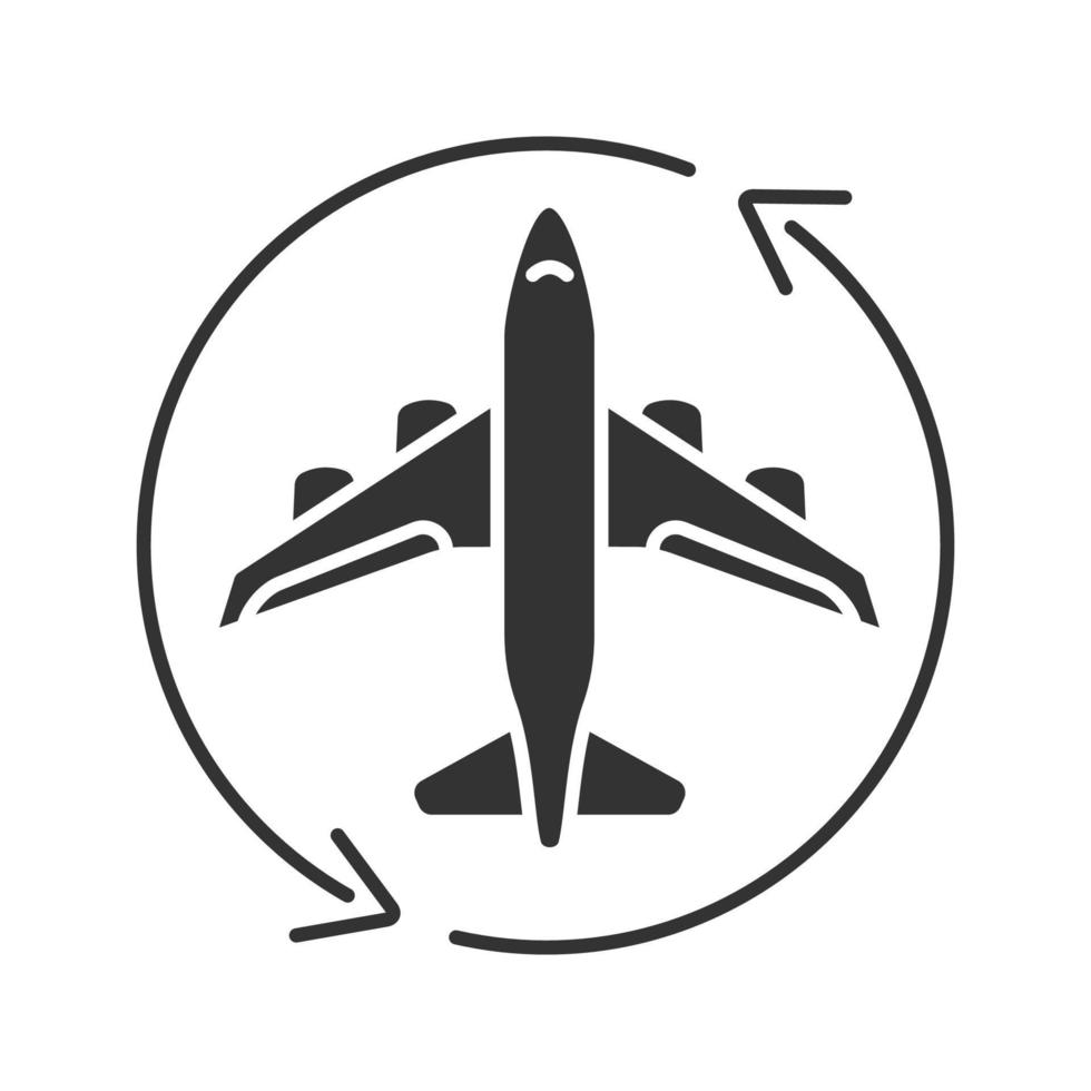 Flight transit glyph icon. Circle arrow with airplane inside. Plane transfer. Flights management. Silhouette symbol. Negative space. Vector isolated illustration