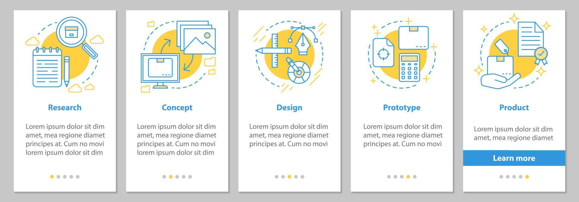 New product launch onboarding mobile app page screen with linear concepts. Manufacturing process steps graphic instructions. UX, UI, GUI vector template with illustrations