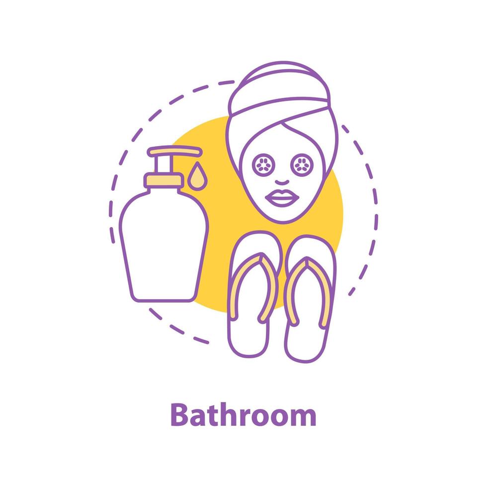 Bath taking accessories concept icon. Personal care idea thin line illustration. Facial mask, slippers and liquid soap. Vector isolated outline drawing