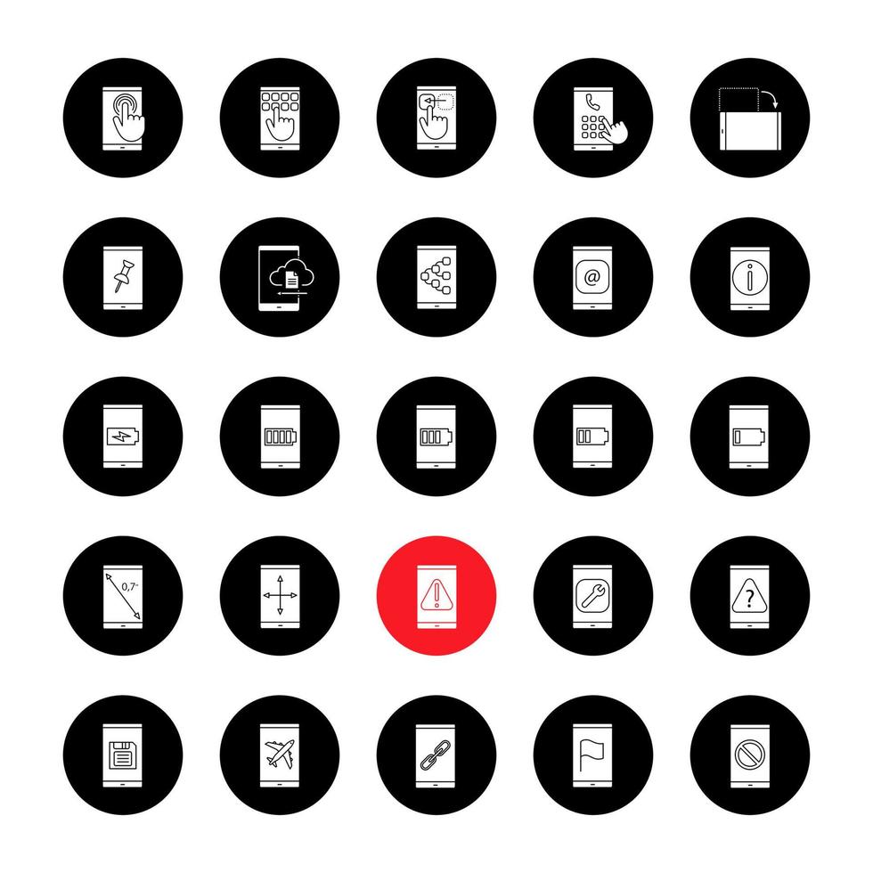 Smartphone glyph icons set. Internet connection, data transfer, apps, communication. Vector white silhouettes illustrations in black circles