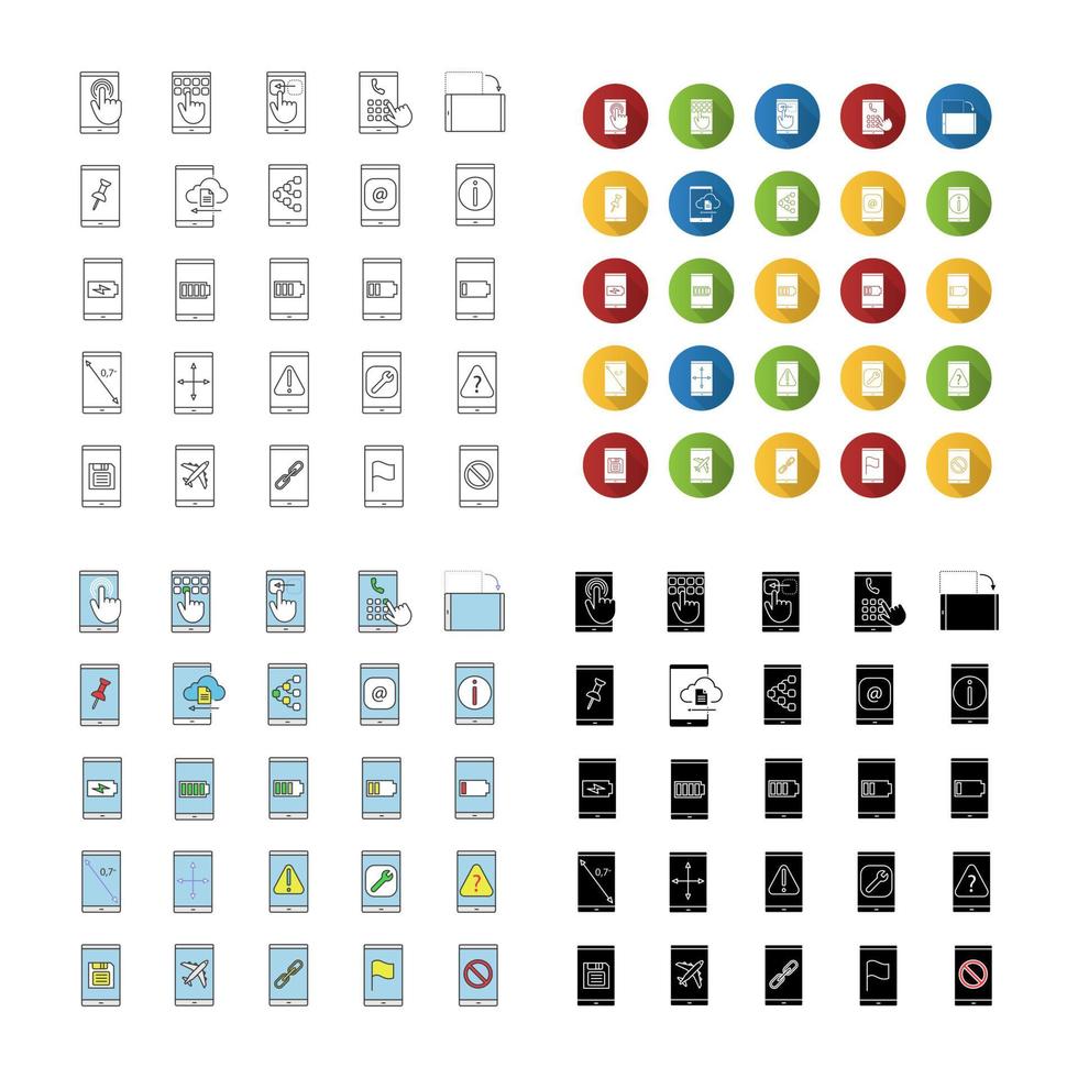 Smartphone icons set. Internet connection, data transfer, apps, communication. Linear, flat design, color and glyph styles. isolated vector illustrations