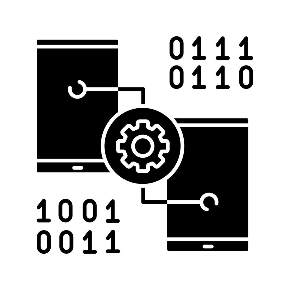 Smartphone settings glyph icon. App development. Phones with cogwheel and binary code. Silhouette symbol. Negative space. Vector isolated illustration