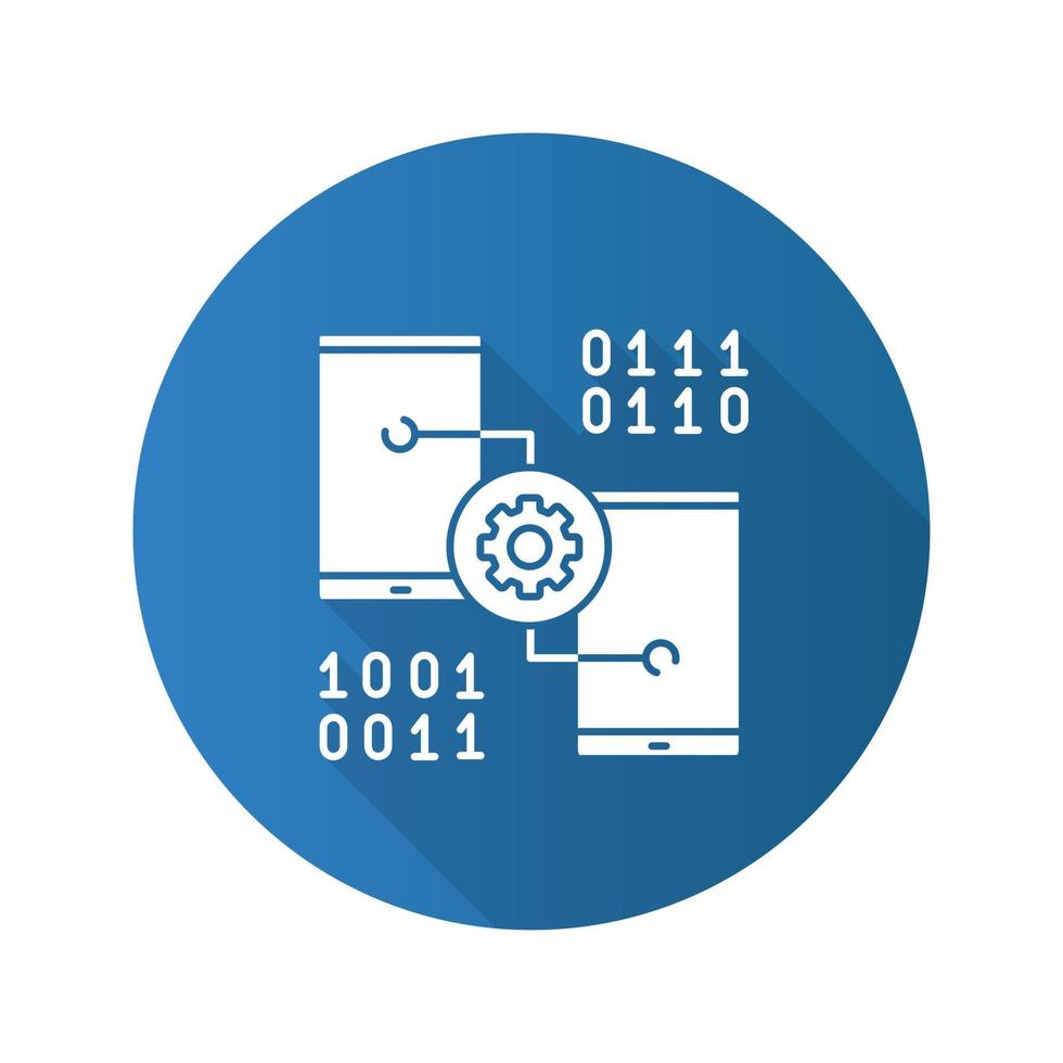 Smartphone settings flat design long shadow glyph icon. App development. Phones with cogwheel and binary code. Vector silhouette illustration