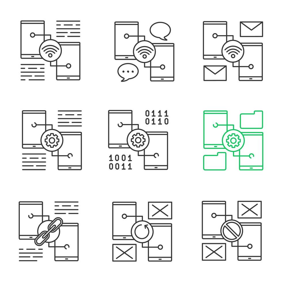 Smartphone linear icons set. Wifi, chatting, e-mail, settings, file manager, link sharing, no signal, synchronization error. Thin line contour symbols. Isolated vector outline illustrations