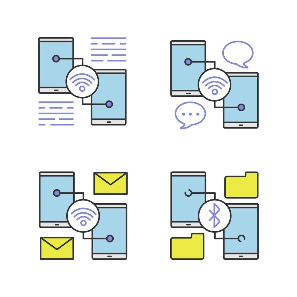 Conjunto de iconos de colores de conexión de teléfono inteligente. chatear, enviar correo electrónico, transferencia de datos wifi. ilustraciones vectoriales aisladas vector