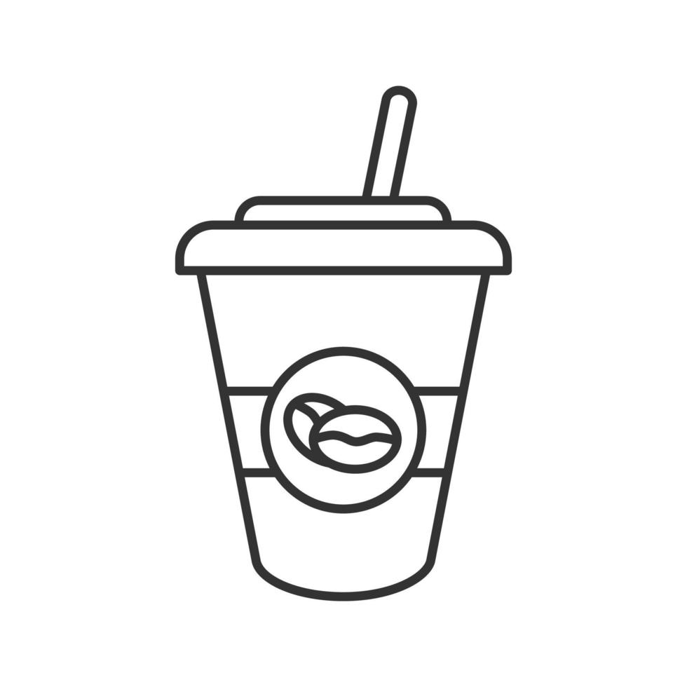 Iced coffee drink linear icon. Thin line illustration. Disposable coffee cup with straw. Contour symbol. Vector isolated outline illustration