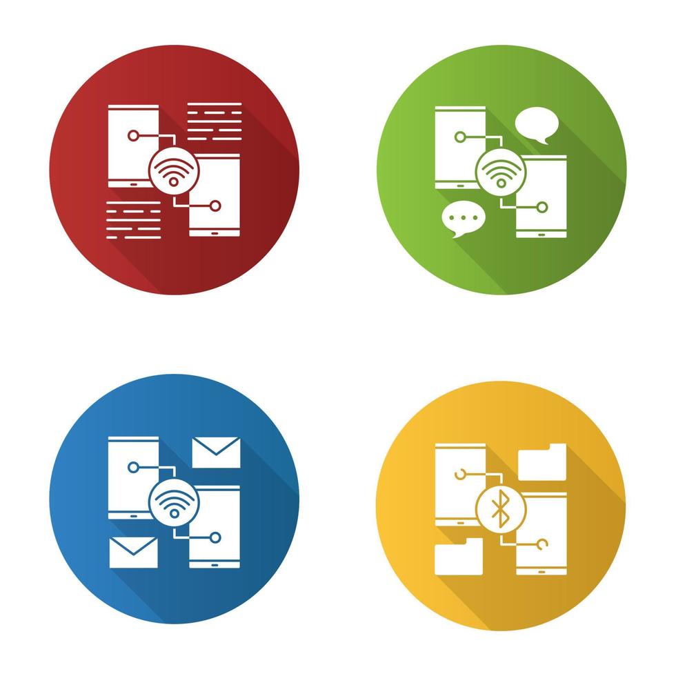 Conjunto de iconos de glifo de larga sombra de diseño plano de conexión de teléfono inteligente. chatear, enviar correo electrónico, transferencia de datos wifi. ilustración de silueta de vector