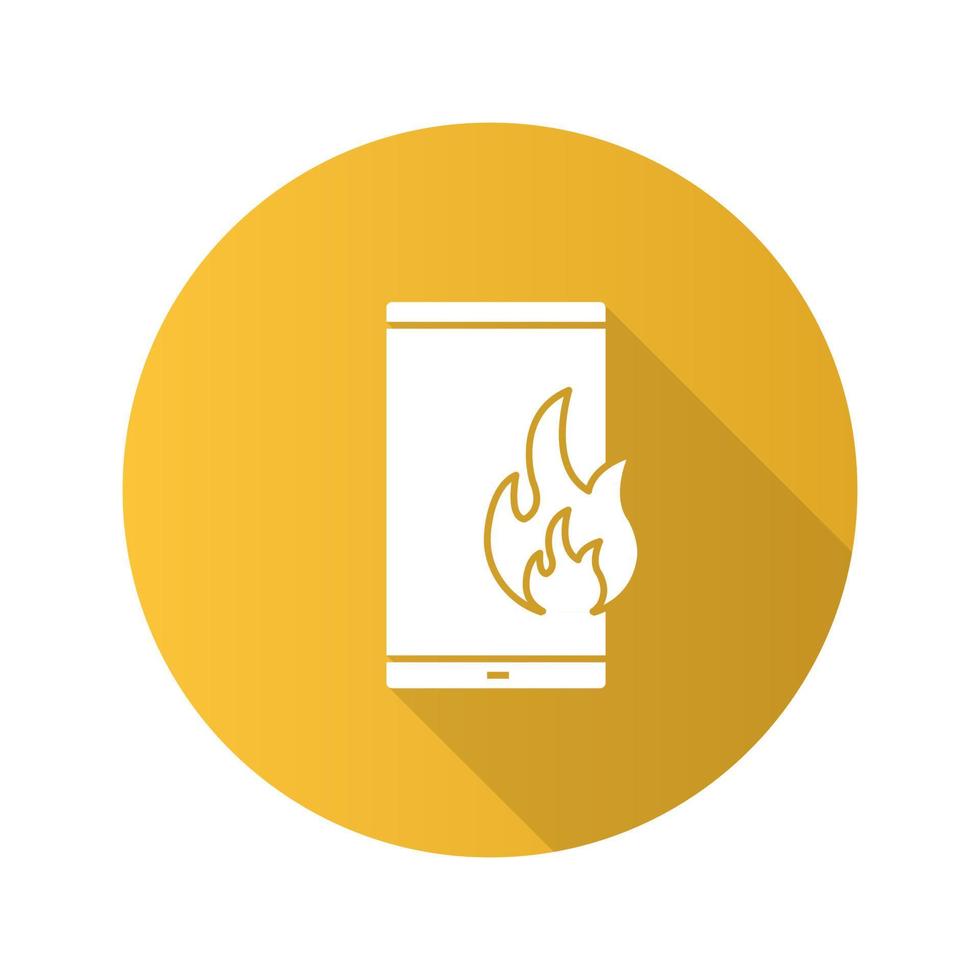 Fire emergency calling flat design long shadow glyph icon. Broken phone. Deadline. Smartphone with flame. Vector silhouette illustration