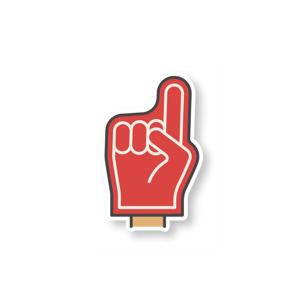 Foam finger patch. American football fans red foam hand. Color sticker. Vector isolated illustration