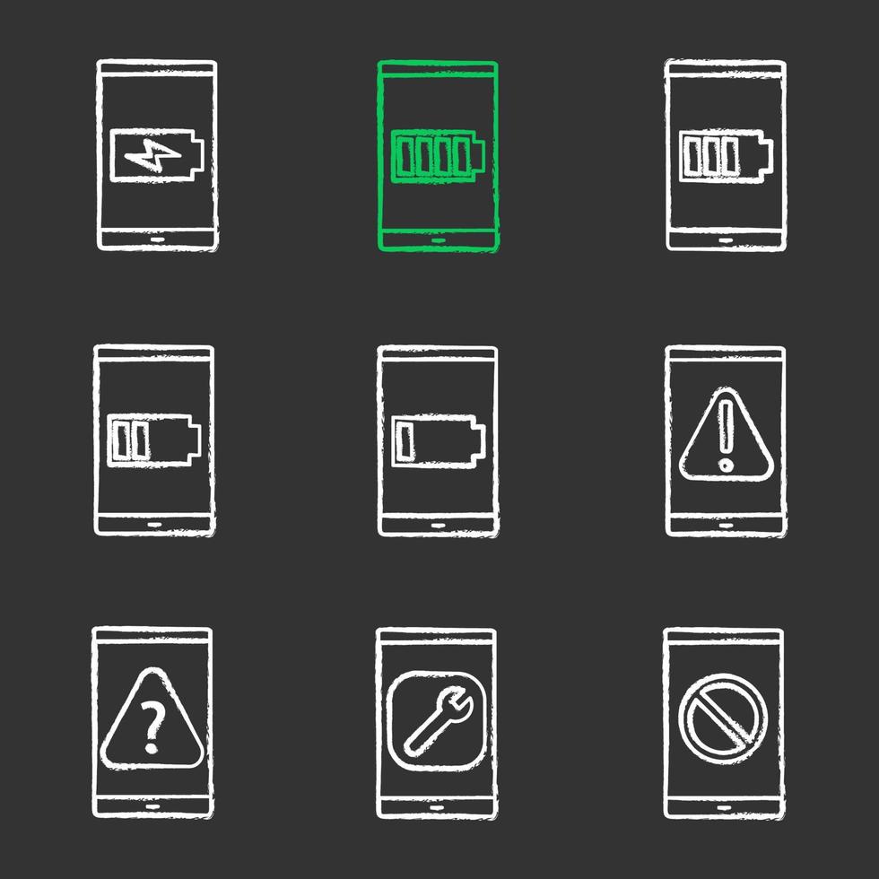 Smartphone chalk icons set. Low and high smartphone battery charge, error, FAQ, settings, no signal. Isolated vector chalkboard illustrations