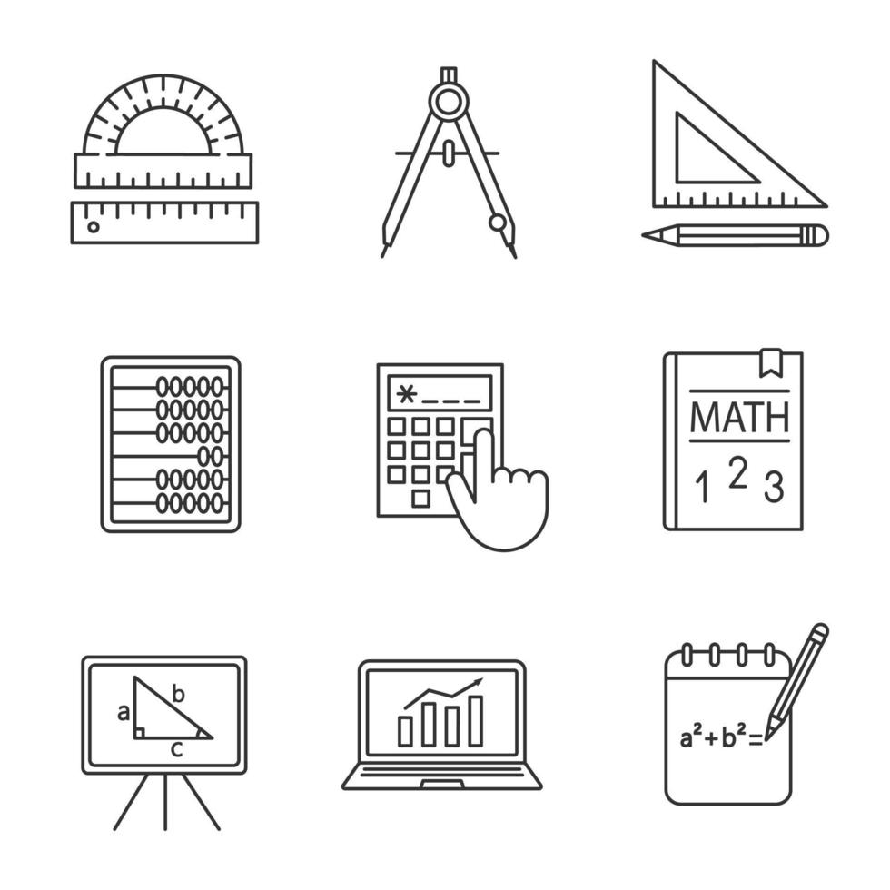 Conjunto de iconos lineales de matemáticas. geometría y álgebra. herramientas de redacción, libro de texto, ábaco, calculadora. símbolos de contorno de línea fina. ilustraciones de contorno vectorial aislado vector